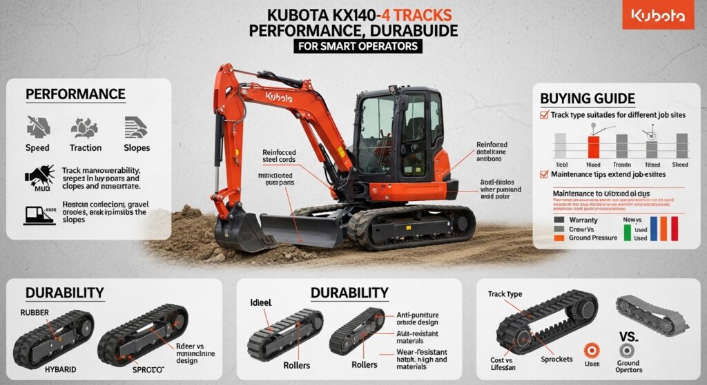 Kubota KX040-4 rubber tracks installed on a compact excavator, showing durable tread design for construction and landscaping work